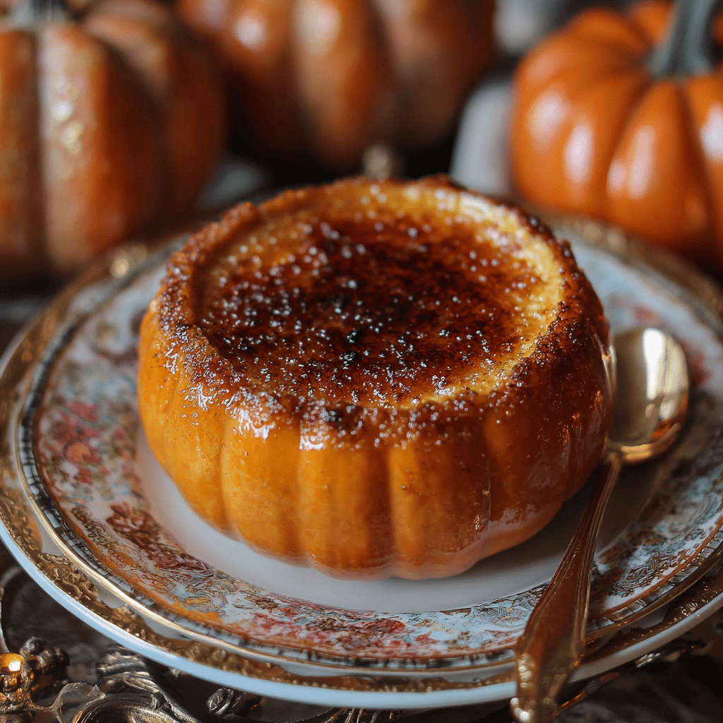 Delicious Pumpkin Spice Crème Brûlée - Easy Recipe 5 Hollowed pumpkins filled with pumpkin spice crème brûlée topped with caramelized sugar crust.