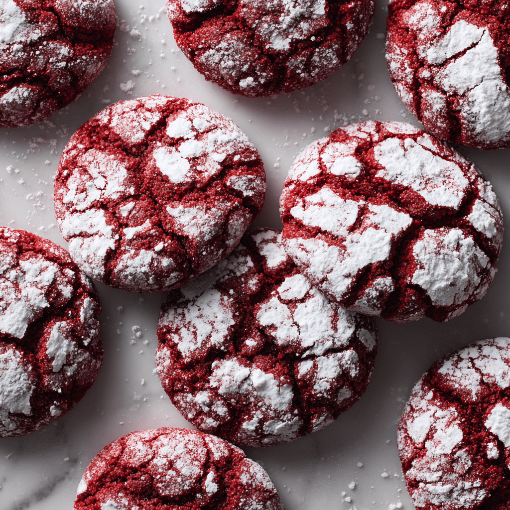Easy Red Velvet Crinkle Cookies With Natural Coloring 6 Overhead shot of red velvet crinkle cookies on parchment paper.