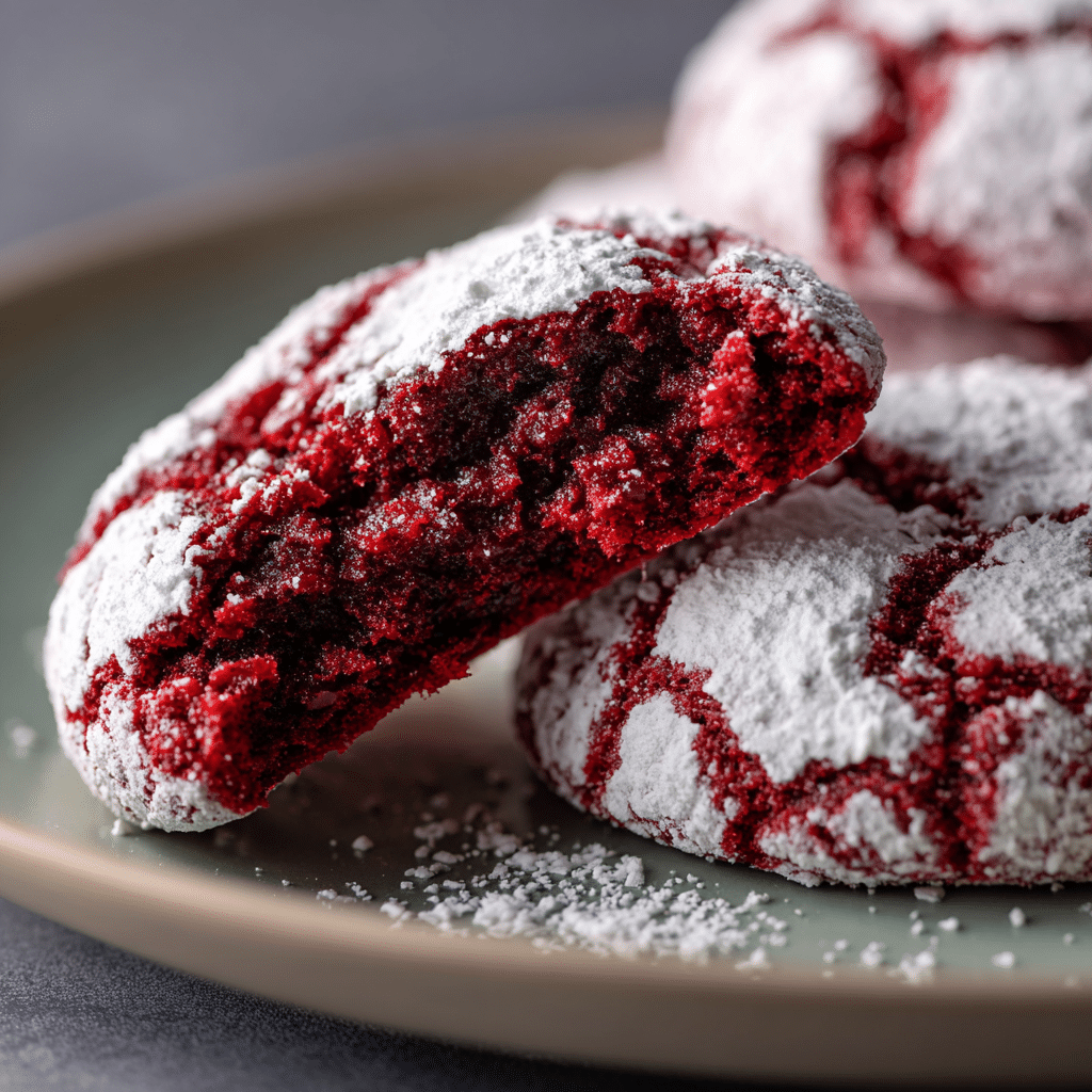 Easy Red Velvet Crinkle Cookies With Natural Coloring 8 Close-up of broken red velvet crinkle cookie.