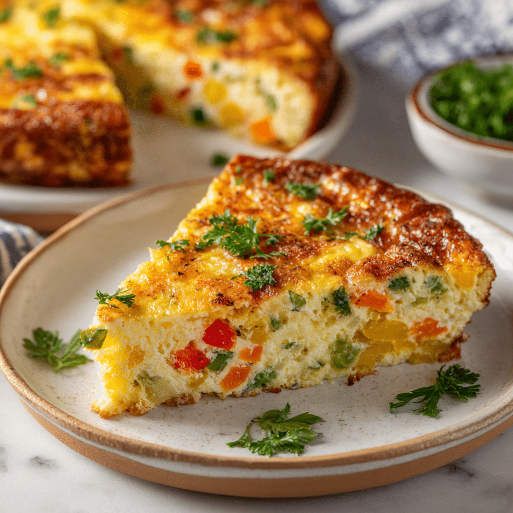 Cottage Cheese Frittata: A High-Protein Breakfast You’ll Want Every Morning 6 A slice of cottage cheese frittata on a plate, showing fluffy eggs, vegetables, and herbs.