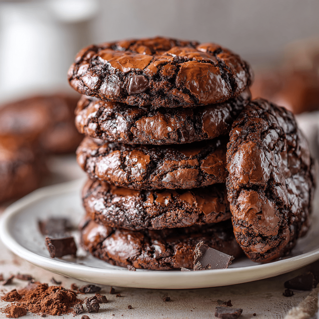 The Best Chocolate Brownie Cookies: Fudgy, Chewy Perfection in Every Bite 6 Stack of chocolate brownie cookies showing fudgy interior with chocolate chunks.