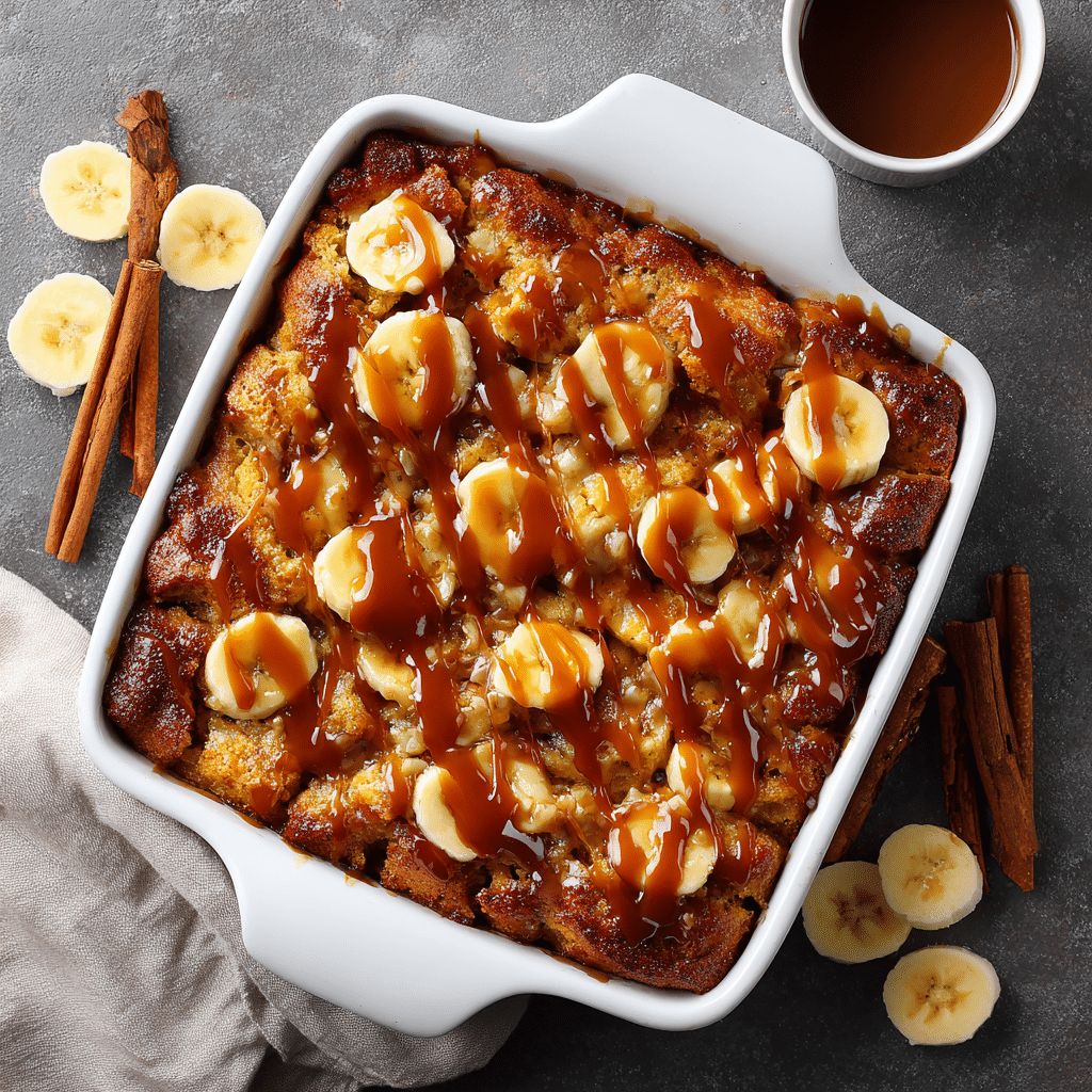 Moist Banana Bread Pudding Cake with Homemade Toffee Sauce 6 Savory and sticky banana bread pudding cake in a baking dish