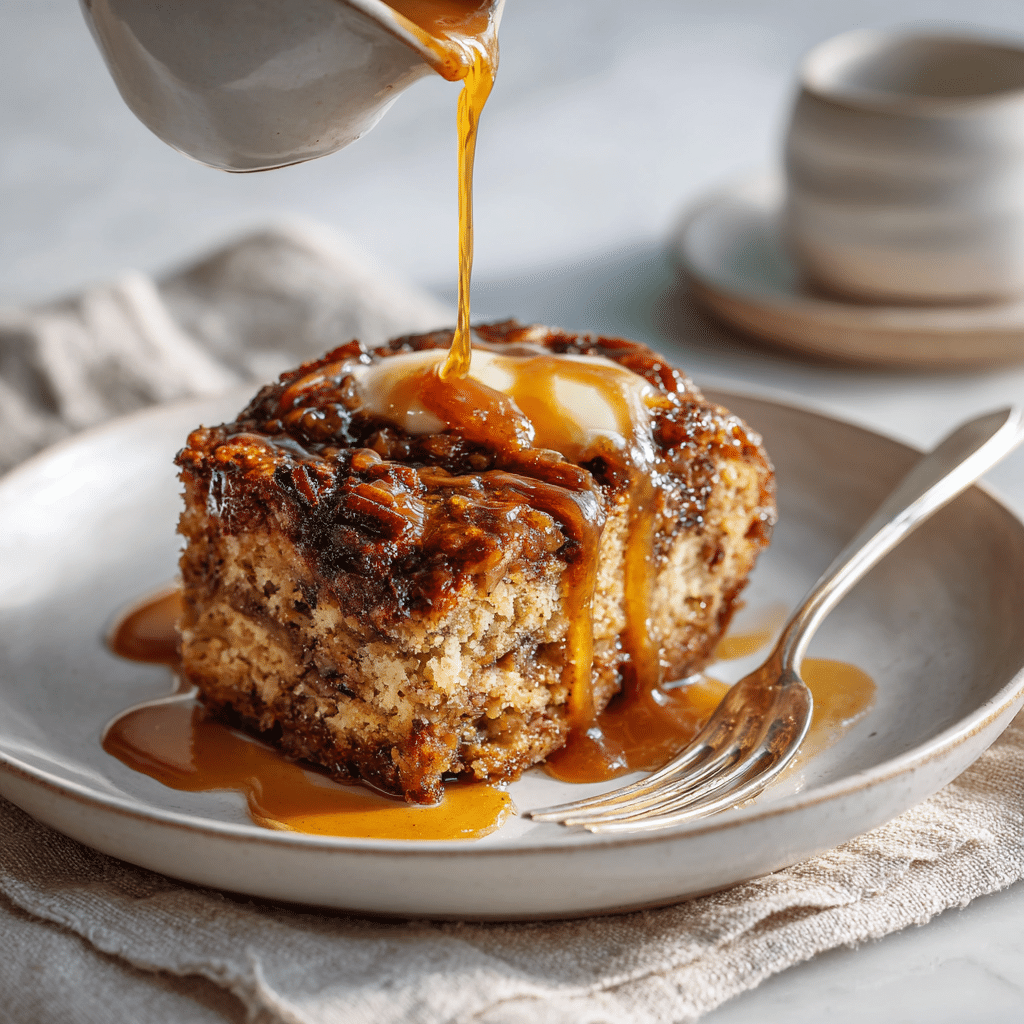 Moist Banana Bread Pudding Cake with Homemade Toffee Sauce 5 Savory and sticky banana bread pudding cake served in a dish