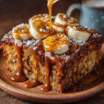 Moist Banana Bread Pudding Cake with Homemade Toffee Sauce 7 Savory and sticky banana bread pudding cake served in a dish