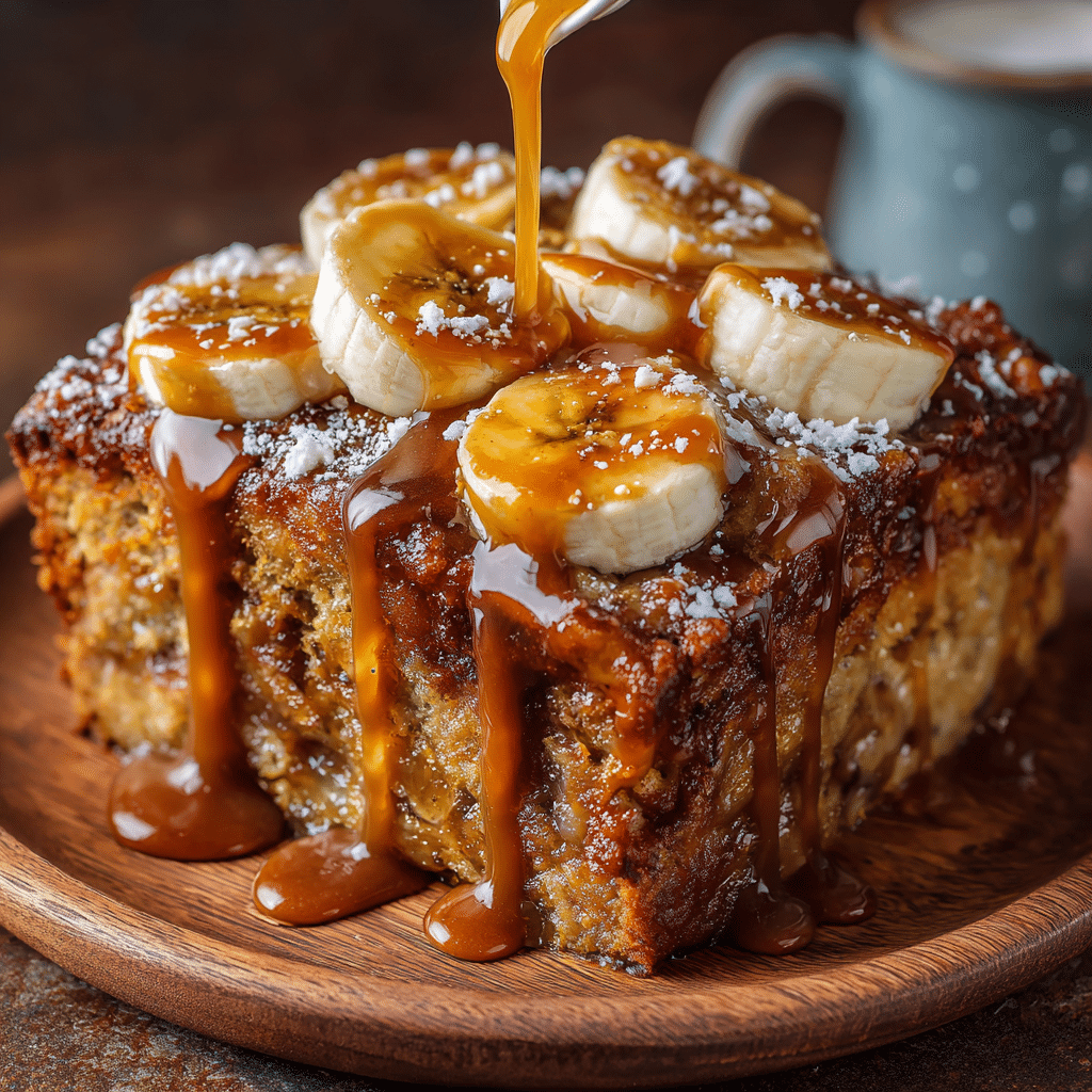 Moist Banana Bread Pudding Cake with Homemade Toffee Sauce 4 Savory and sticky banana bread pudding cake served in a dish