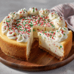 Festive Sugar Cookie Cheesecake – Creamy & Fun Holiday Dessert 7 Delicious sugar cookie cheesecake topped with colorful sprinkles and a buttery crust.