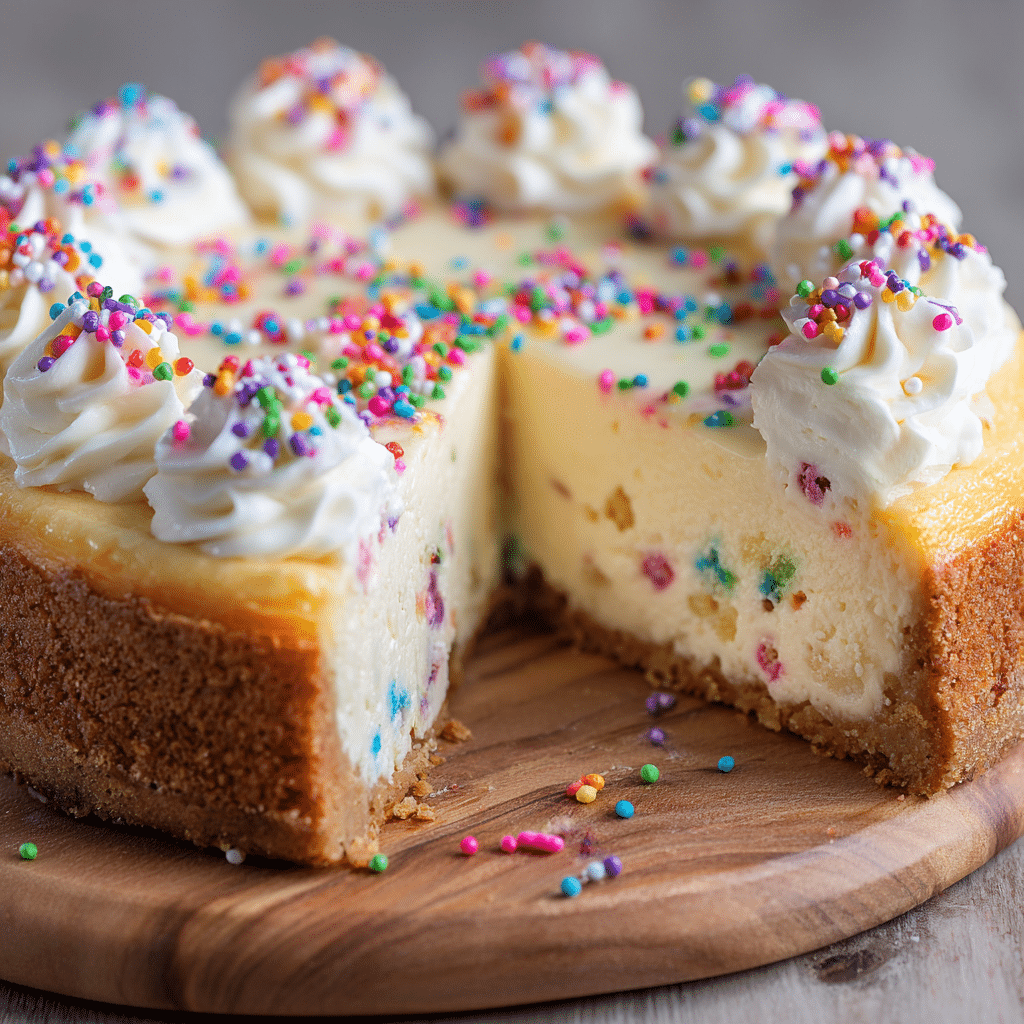 Festive Sugar Cookie Cheesecake – Creamy & Fun Holiday Dessert 6 Delicious sugar cookie cheesecake topped with colorful sprinkles and a buttery crust.