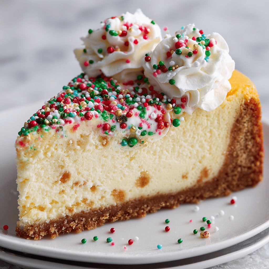 Festive Sugar Cookie Cheesecake – Creamy & Fun Holiday Dessert 5 Delicious sugar cookie cheesecake topped with colorful sprinkles and a buttery crust.