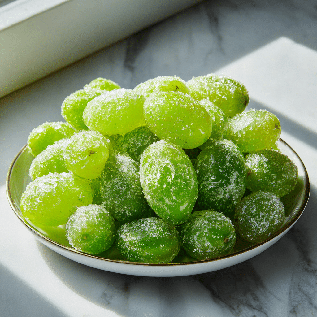 Tasty Frozen Grapes with Citrus 4 Frozen grapes with citrus slices in a white plate, a refreshing snack option.