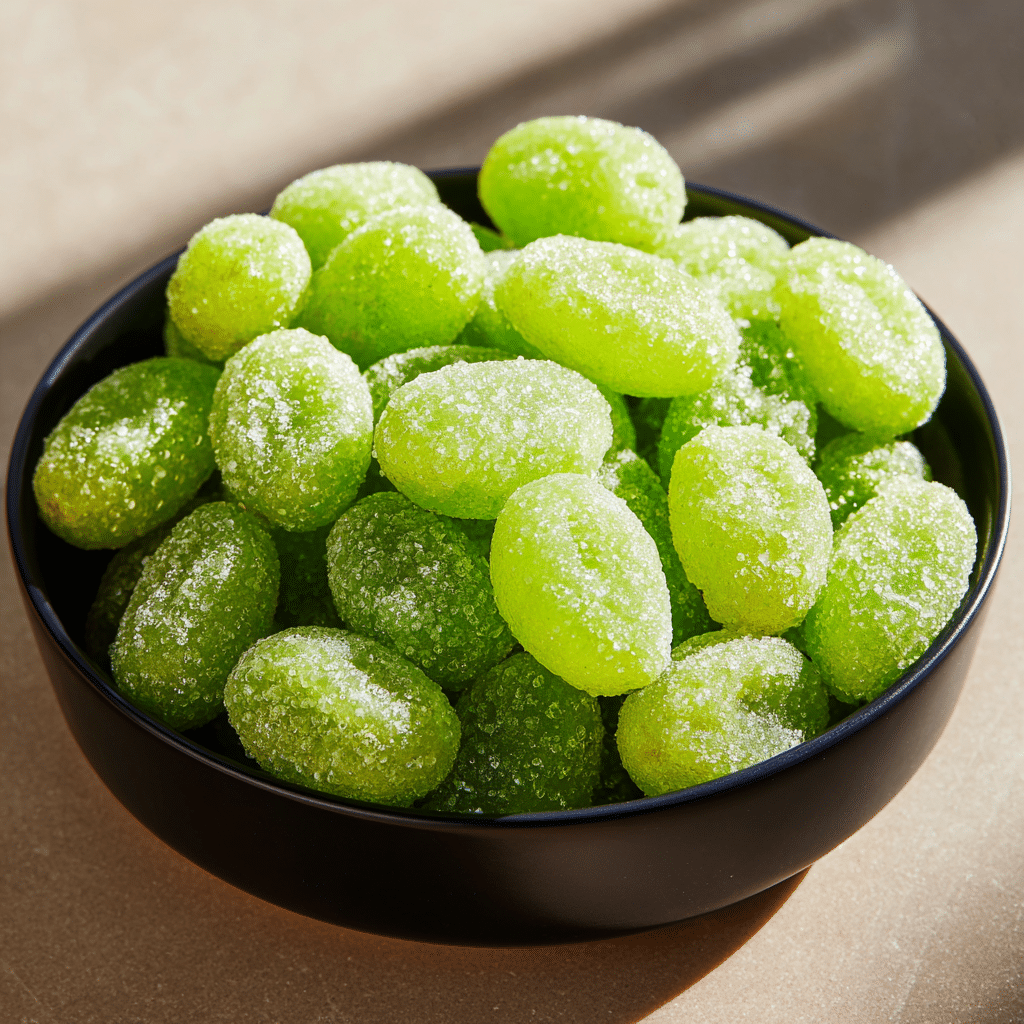 Tasty Frozen Grapes with Citrus 6 Frozen grapes with citrus slices in a bowl, a refreshing snack option.