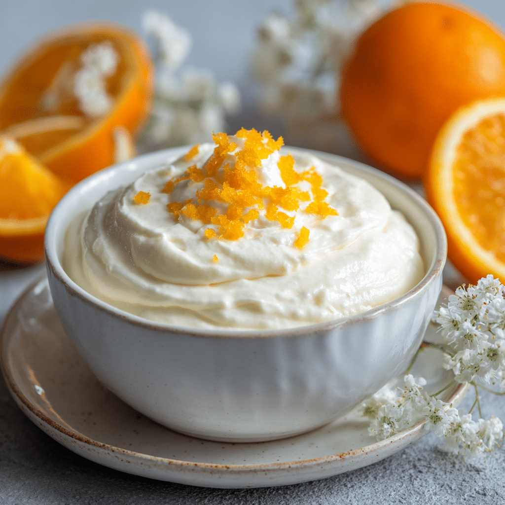 Refreshing White Chocolate Orange Mousse 6 Delicious white chocolate orange mousse topped with zest and whipped cream