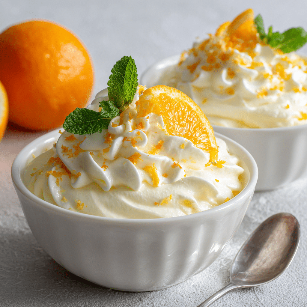 Refreshing White Chocolate Orange Mousse 4 Delicious white chocolate orange mousse topped with zest and whipped cream