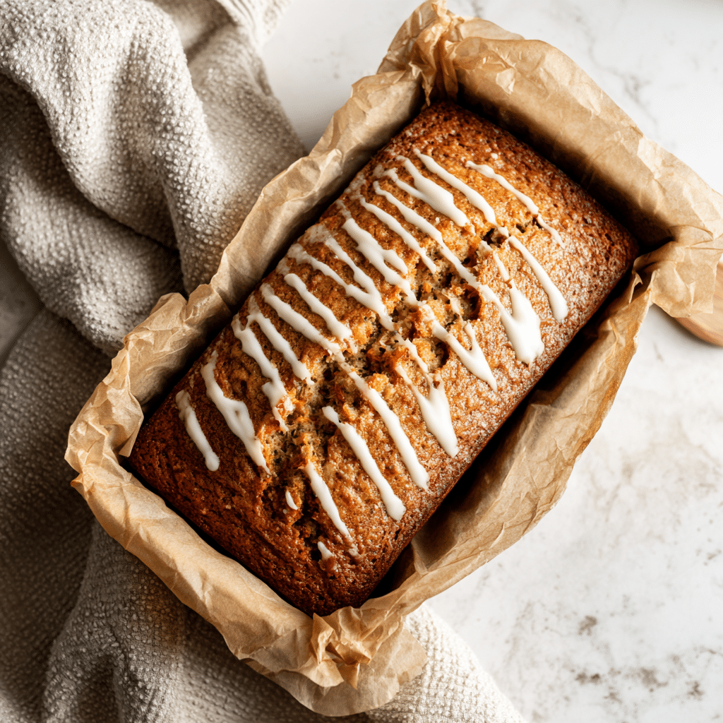 Carrot Cake Banana Bread: A Cozy Twist on Two Classics 7 Freshly baked carrot cake banana bread loaf in a parchment-lined pan with cream cheese glaze.