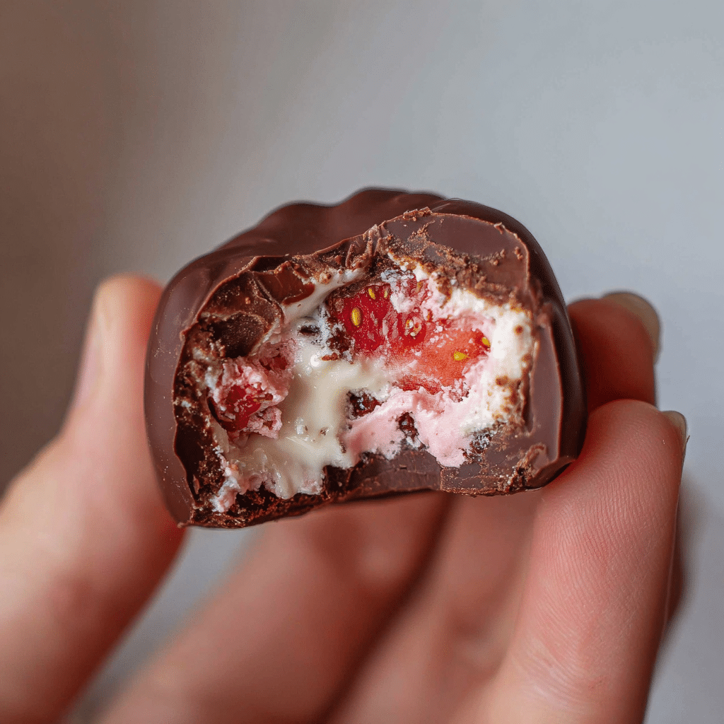 Easy Chocolate Strawberry Yogurt Clusters: Sweet & Refreshing Snack 6 Bitten strawberry yogurt cluster showing creamy fruit-filled inside.