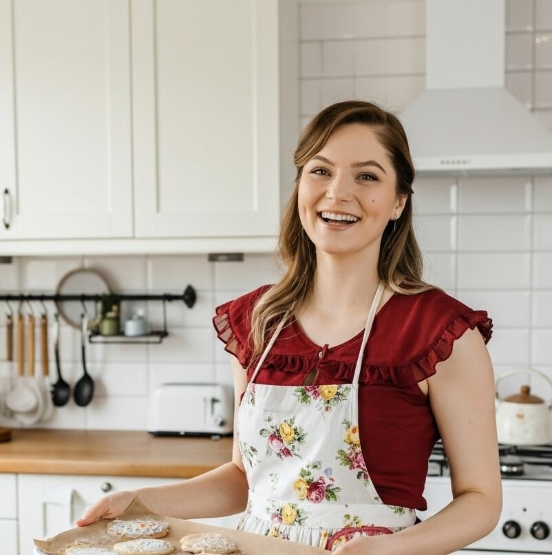 Riley Sloane, a 35-year-old baker from Austin, Texas, smiling in her light-filled kitchen, surrounded by natural ingredients and aesthetic desserts