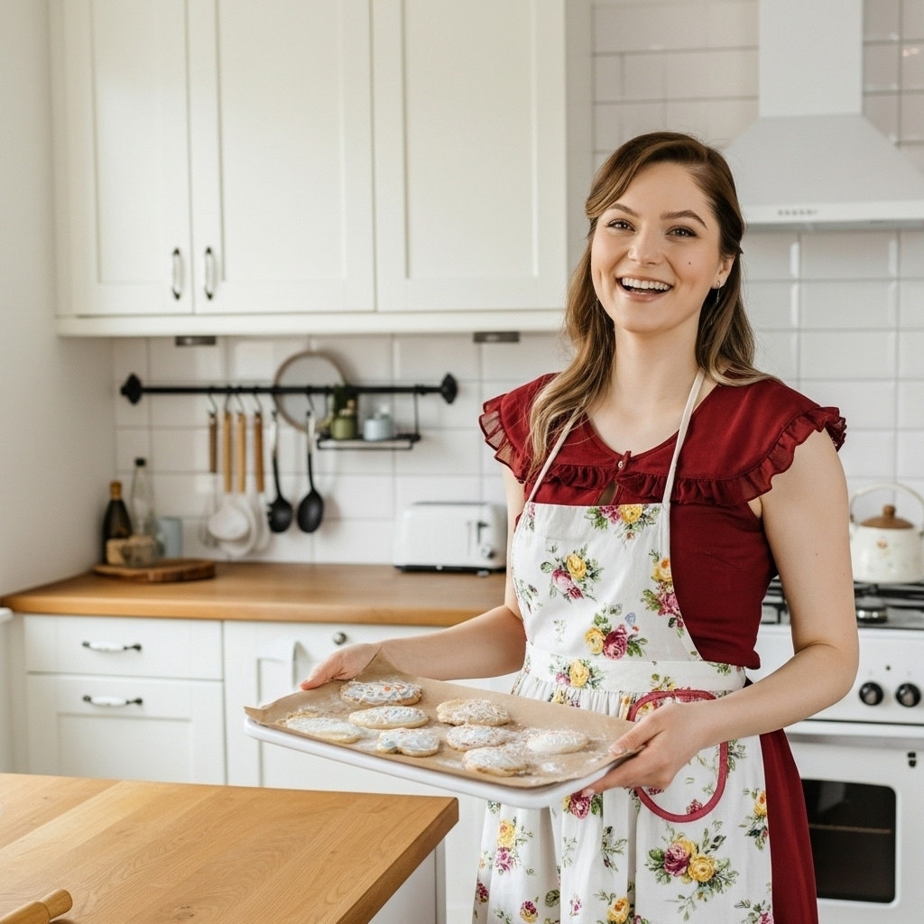 About 1 Riley Sloane, a 35-year-old baker from Austin, Texas, smiling in her light-filled kitchen, surrounded by natural ingredients and aesthetic desserts