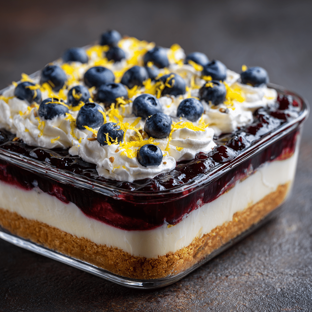 Easy Blueberry Delight Recipe – Creamy, Fruity & No Bake! 7 Layered blueberry delight dessert. creamy filling, blueberry topping, and whipped cream.