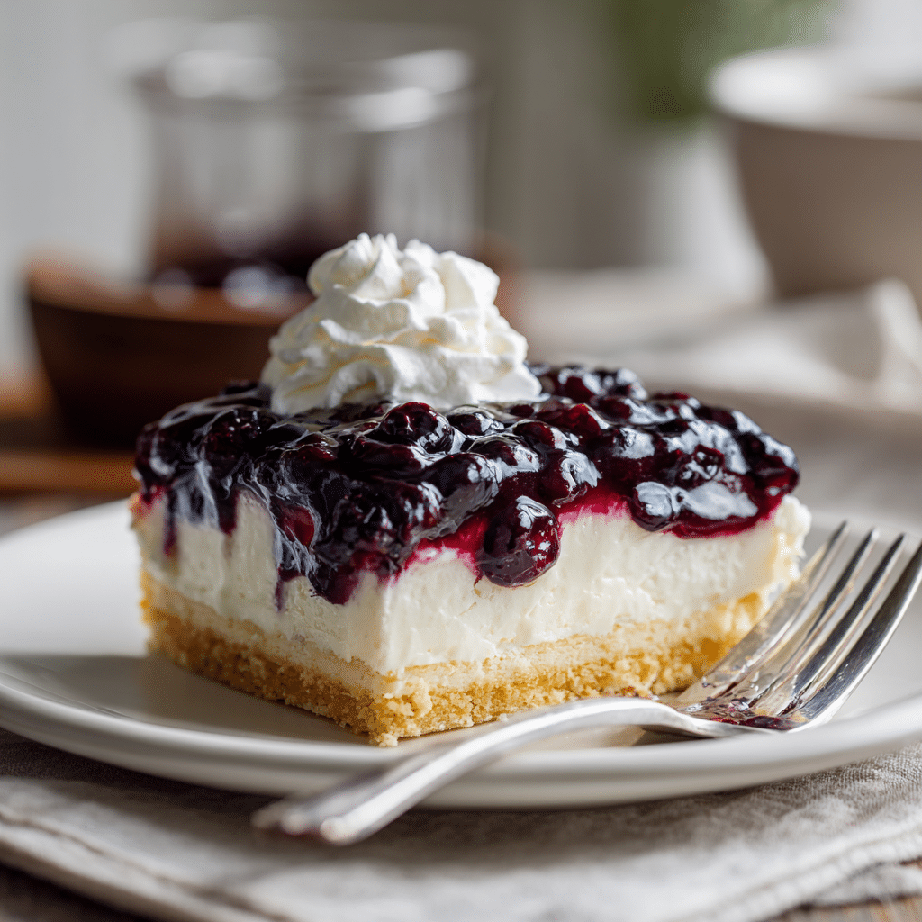 Easy Blueberry Delight Recipe – Creamy, Fruity & No Bake! 6 Layered blueberry delight dessert. creamy filling, blueberry topping, and whipped cream.