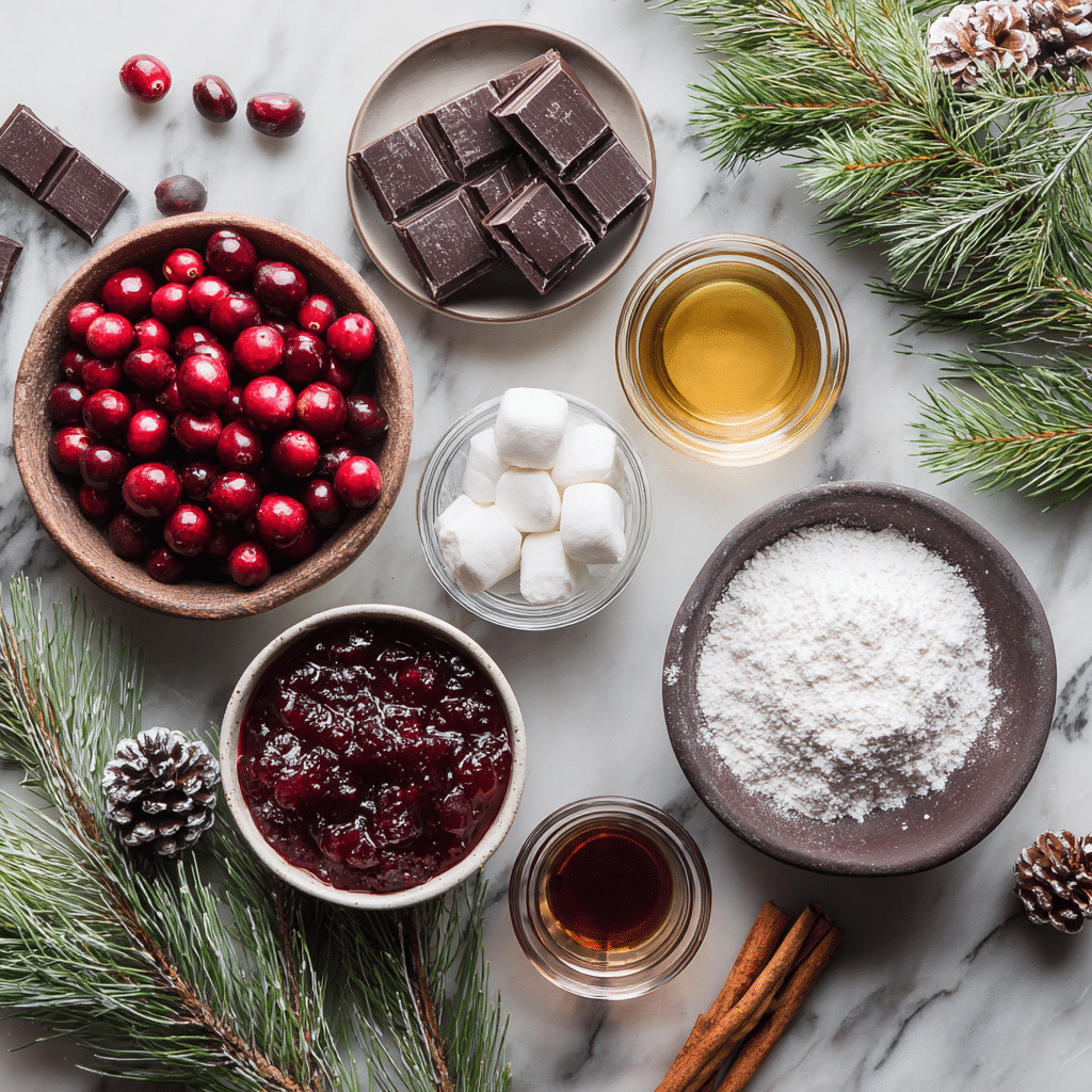 Chocolate-Covered Cranberry Sauce Recipe - Elegant Holiday Confection 6 Flat lay of ingredients for chocolate cranberry confections on a marble background.