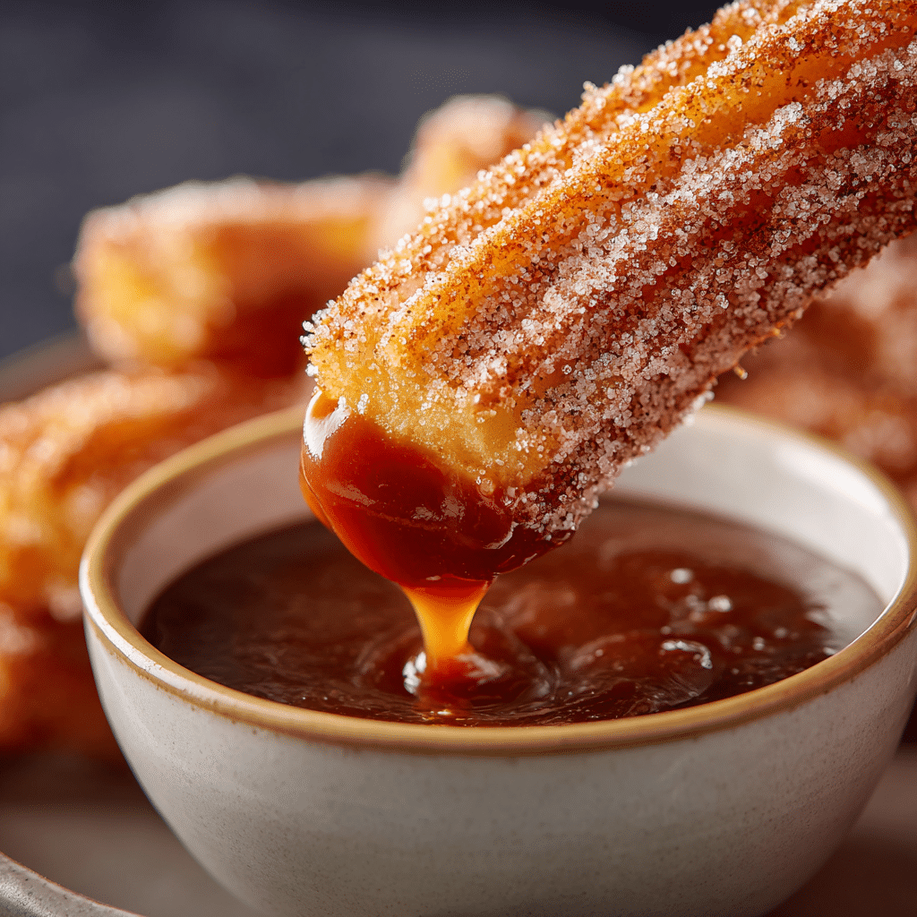 Fluffy Air Fryer Churro Bites Recipe - Crispy Outside, Soft Inside! 8 Close-up of a cinnamon-sugar churro bite dipped in caramel sauce.
