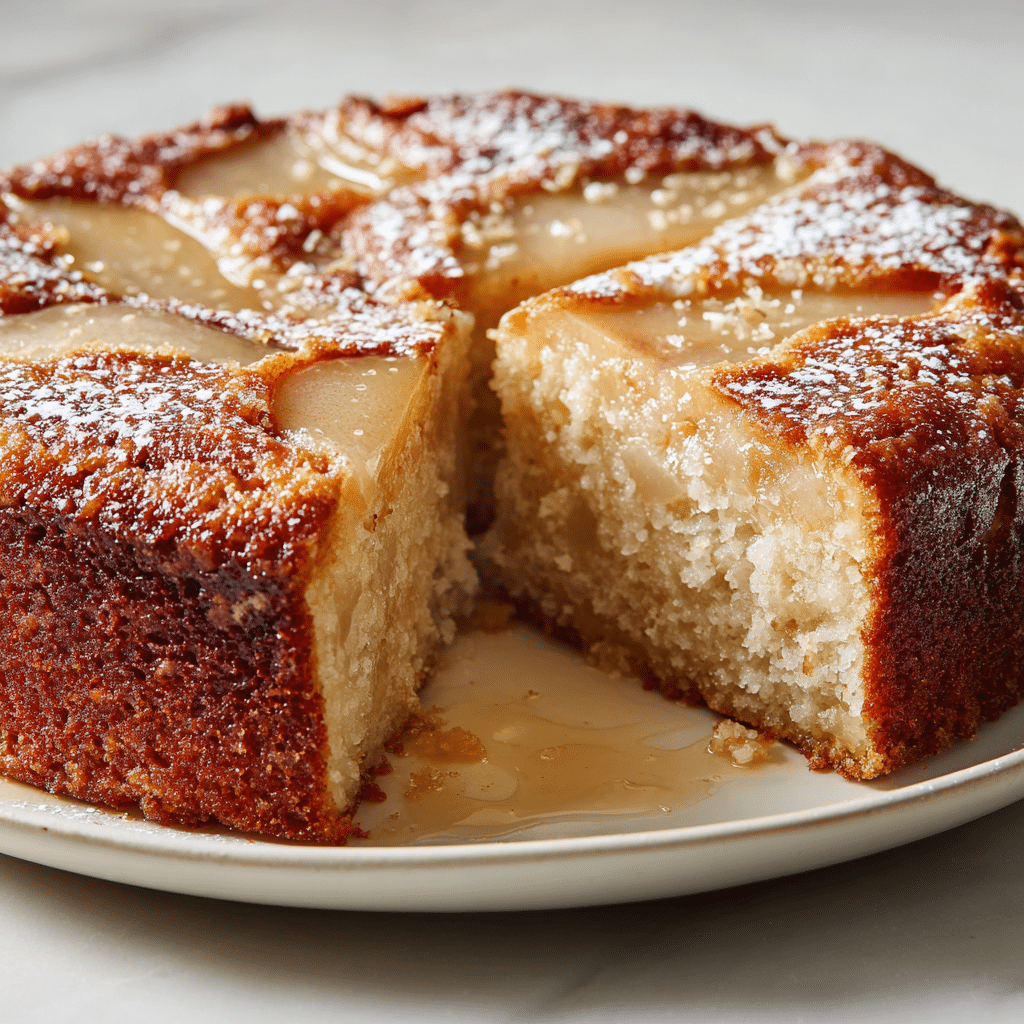 Vanilla Pear Cake – A Simple & Delicious Dessert with Fresh Pears 5 Slice of vanilla pear cake topped with fresh pears and creamy frosting