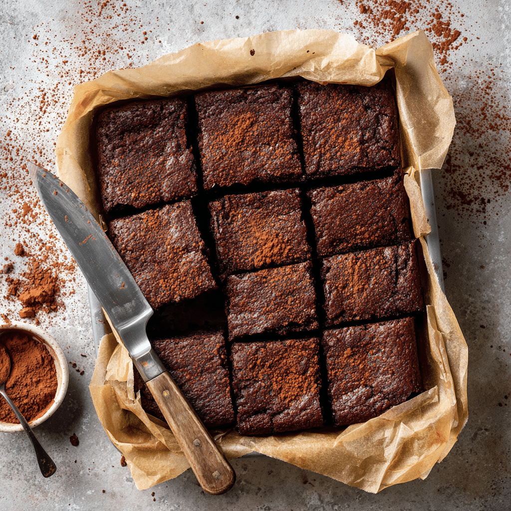 Easy Zero Sugar Brownies with Greek Yogurt 7 Zero sugar brownies in a baking pan cut into squares.
