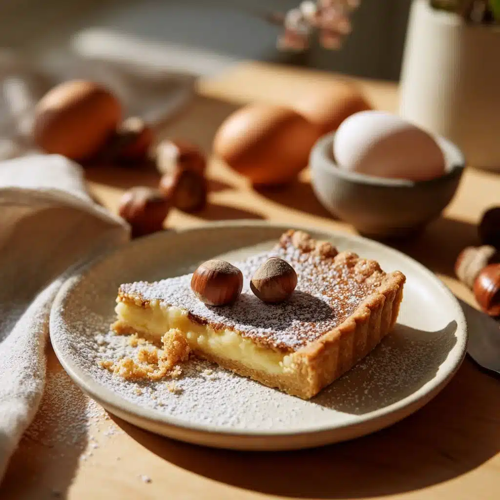 Hazelnut Shortcrust Pastry 4 A slice of hazelnut shortcrust pastry topped with chocolate and nuts.