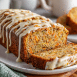 Carrot Cake Banana Bread: A Cozy Twist on Two Classics 9 Freshly baked carrot cake banana bread loaf in a parchment-lined pan with cream cheese glaze.