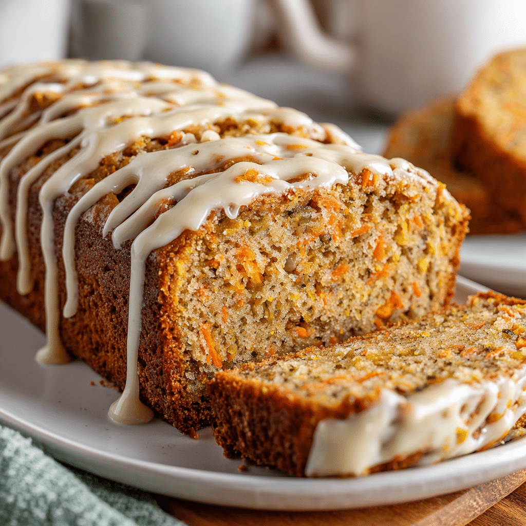 Carrot Cake Banana Bread: A Cozy Twist on Two Classics 5 Freshly baked carrot cake banana bread loaf in a parchment-lined pan with cream cheese glaze.