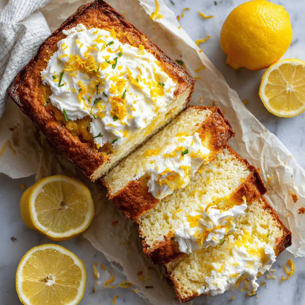 Best Lemon Cream Cheese Bread – Bright, Creamy & Freezer-Friendly 6 Sliced lemon cream cheese bread loaf with creamy filling and lemon glaze.