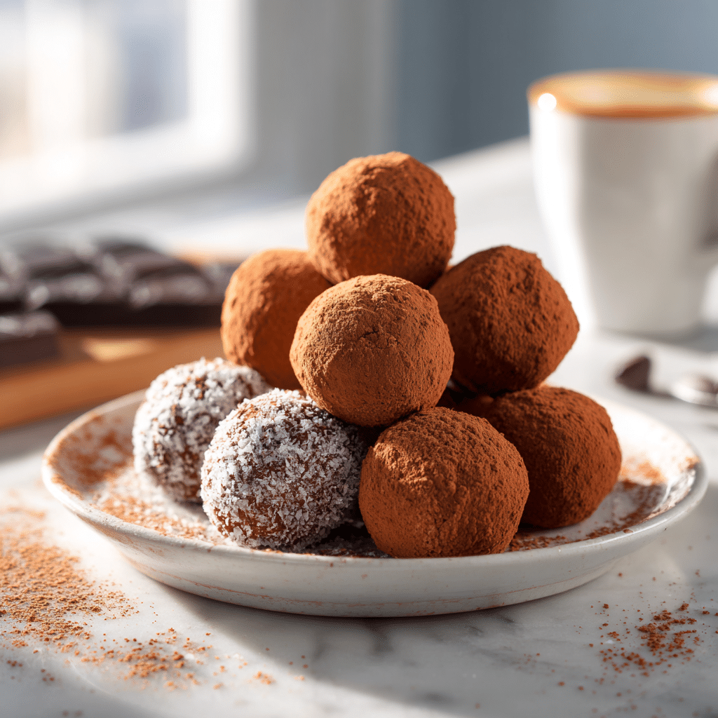 Keto Peanut Butter Chocolate Fat Bombs: The Perfect Low-Carb Treat! 8 Chocolate fat bombs served with coffee