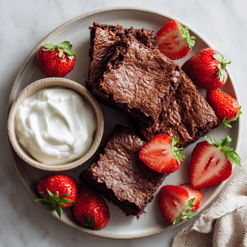 Easy Zero Sugar Brownies with Greek Yogurt 8 Sugar-free brownies served with strawberries and Greek yogurt.