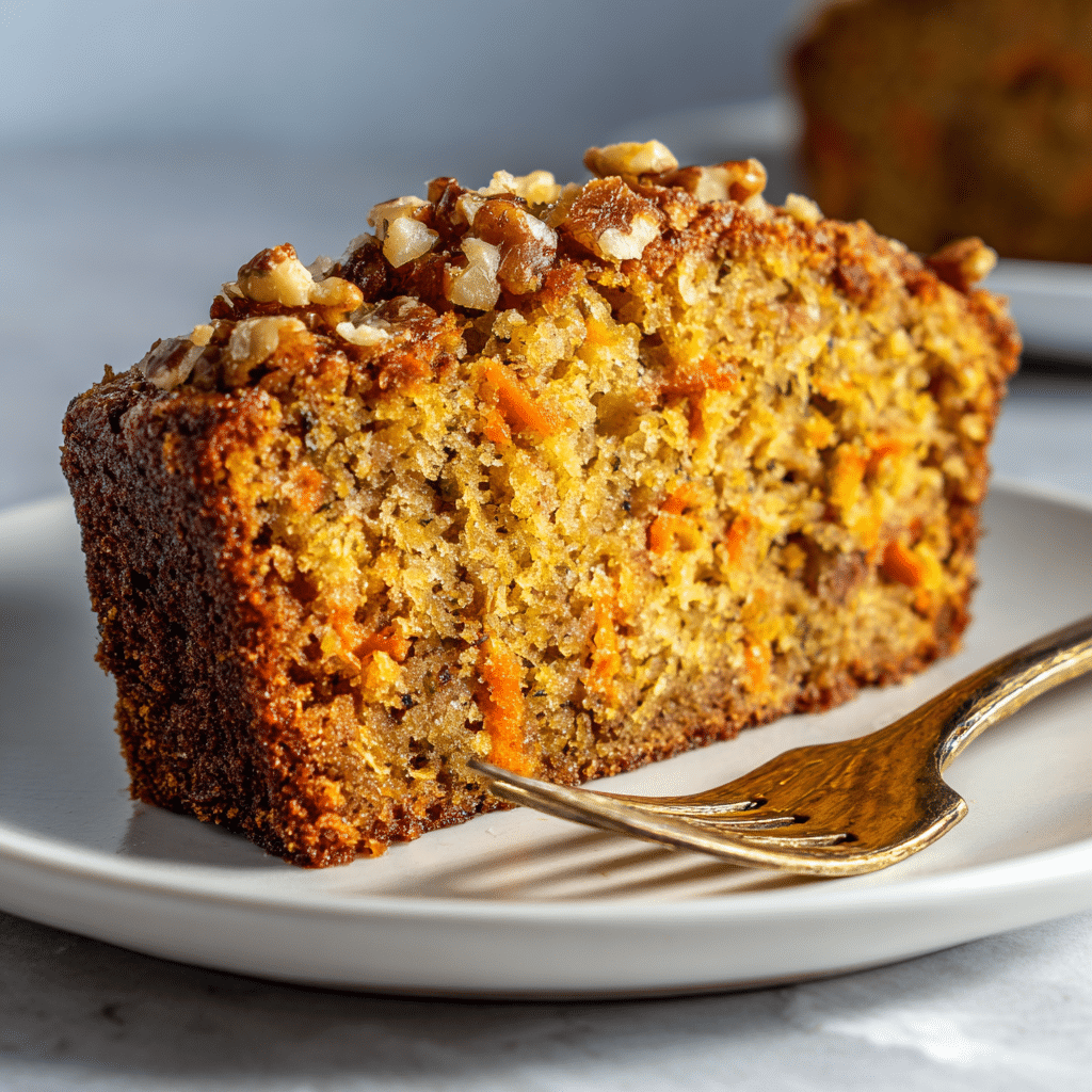 Carrot Cake Banana Bread: A Cozy Twist on Two Classics 8 Slice of carrot cake banana bread on a plate with fork, showing moist crumb and carrot pieces.