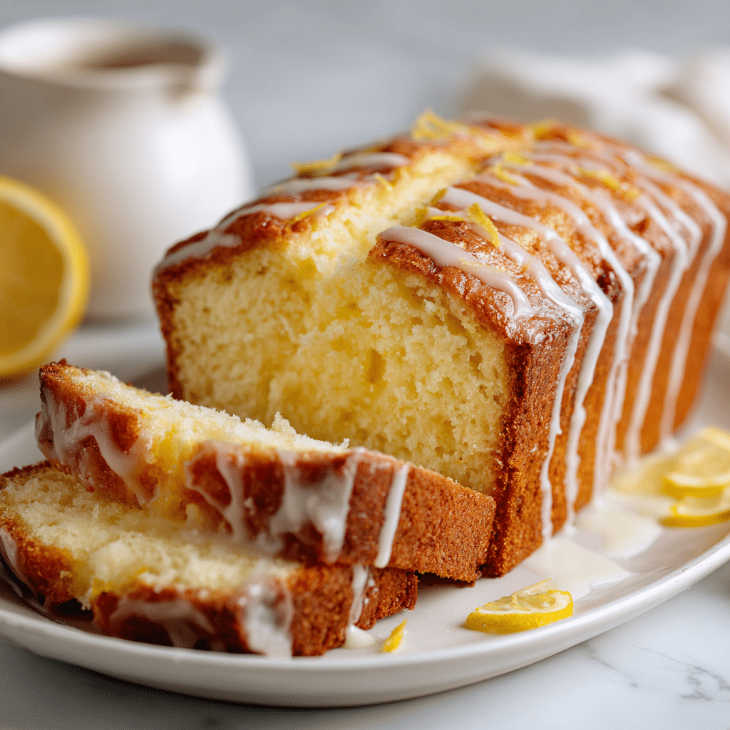 Best Lemon Cream Cheese Bread – Bright, Creamy & Freezer-Friendly 5 Sliced lemon cream cheese bread loaf with creamy filling and lemon glaze.