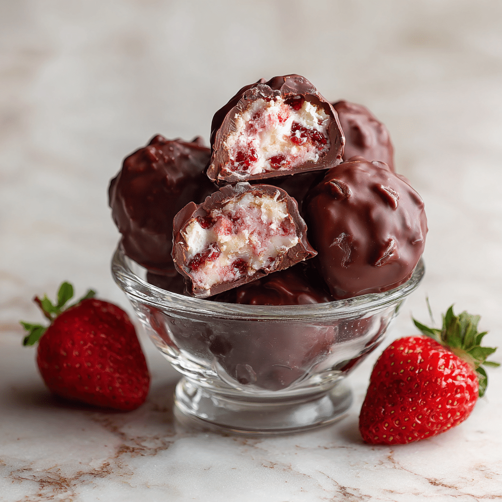 Easy Chocolate Strawberry Yogurt Clusters: Sweet & Refreshing Snack 5 Chocolate strawberry yogurt clusters stacked with creamy filling and strawberry pieces.