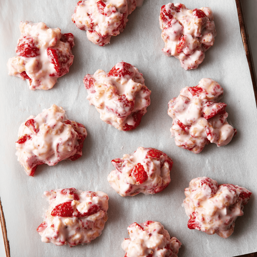Easy Chocolate Strawberry Yogurt Clusters: Sweet & Refreshing Snack 7 Strawberry yogurt clusters drizzled with chocolate on parchment paper.