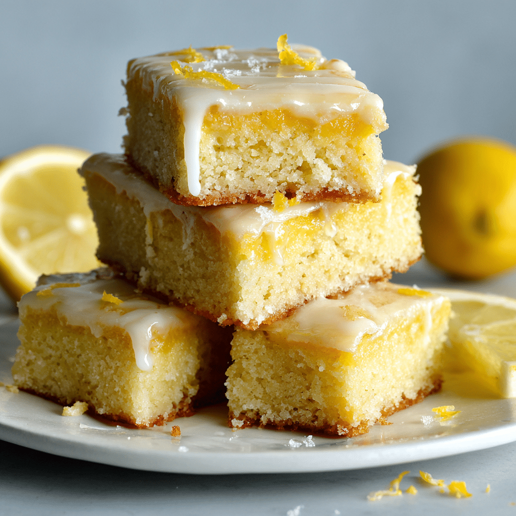 Lemon Brownie Bars: The Perfect Balance of Fudgy and Bright 8 Stack of lemon brownie bars with shiny glaze on a white plate.
