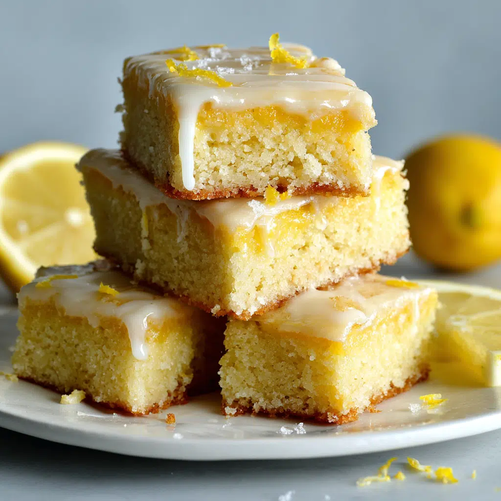 Lemon Brownie Bars: The Perfect Balance of Fudgy and Bright 8 Stack of lemon brownie bars with shiny glaze on a white plate.