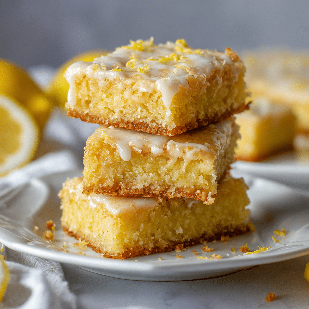 Lemon Brownie Bars: The Perfect Balance of Fudgy and Bright 5 Stack of lemon brownie bars with shiny glaze on a white plate.
