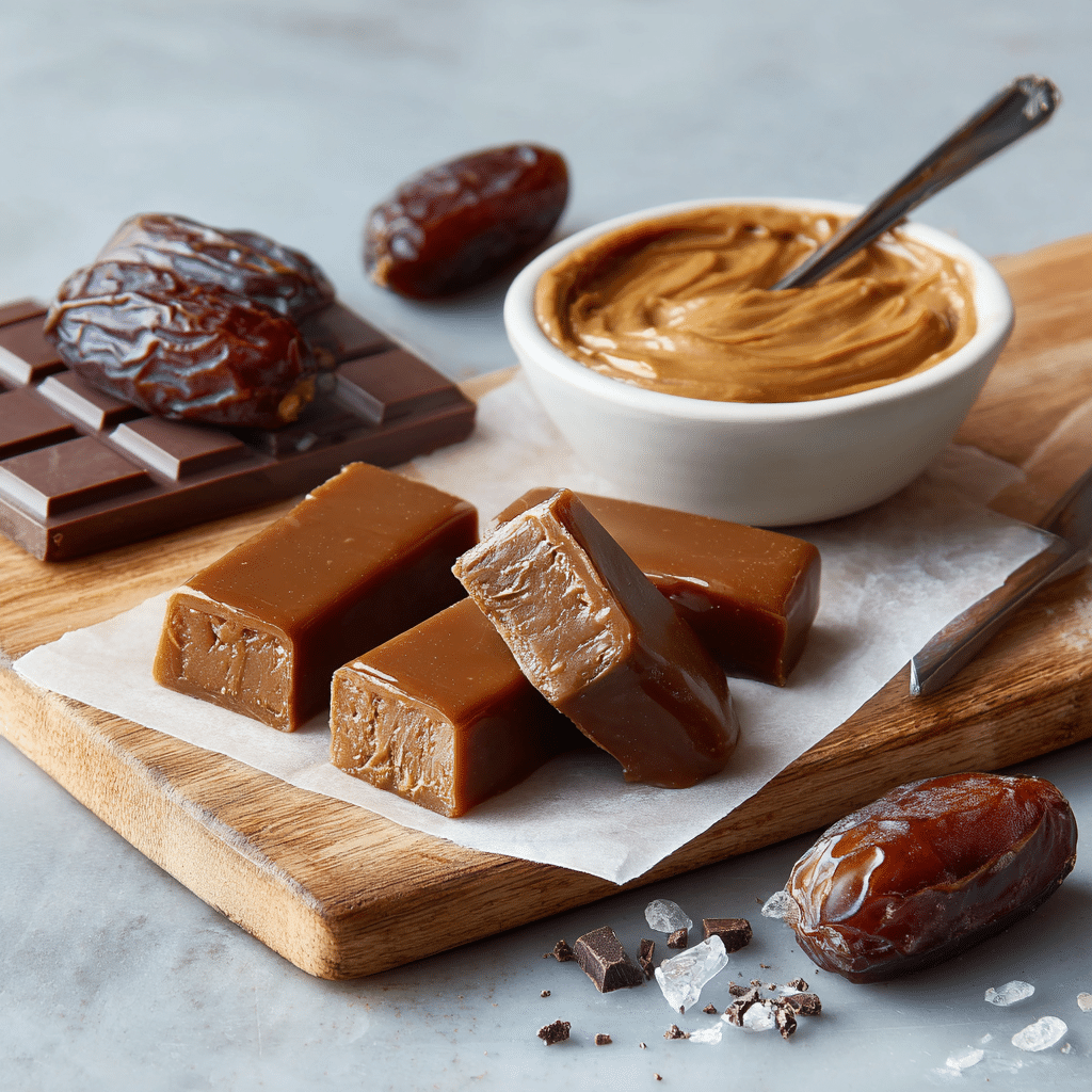 Indulge in Guilt-Free Chocolate-Covered Date Caramels 6 Delicious homemade 4-ingredient date caramels on a marble countertop.