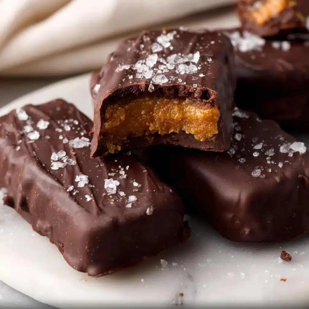 Indulge in Guilt-Free Chocolate-Covered Date Caramels 4 Delicious homemade 4-ingredient date caramels on a marble countertop.
