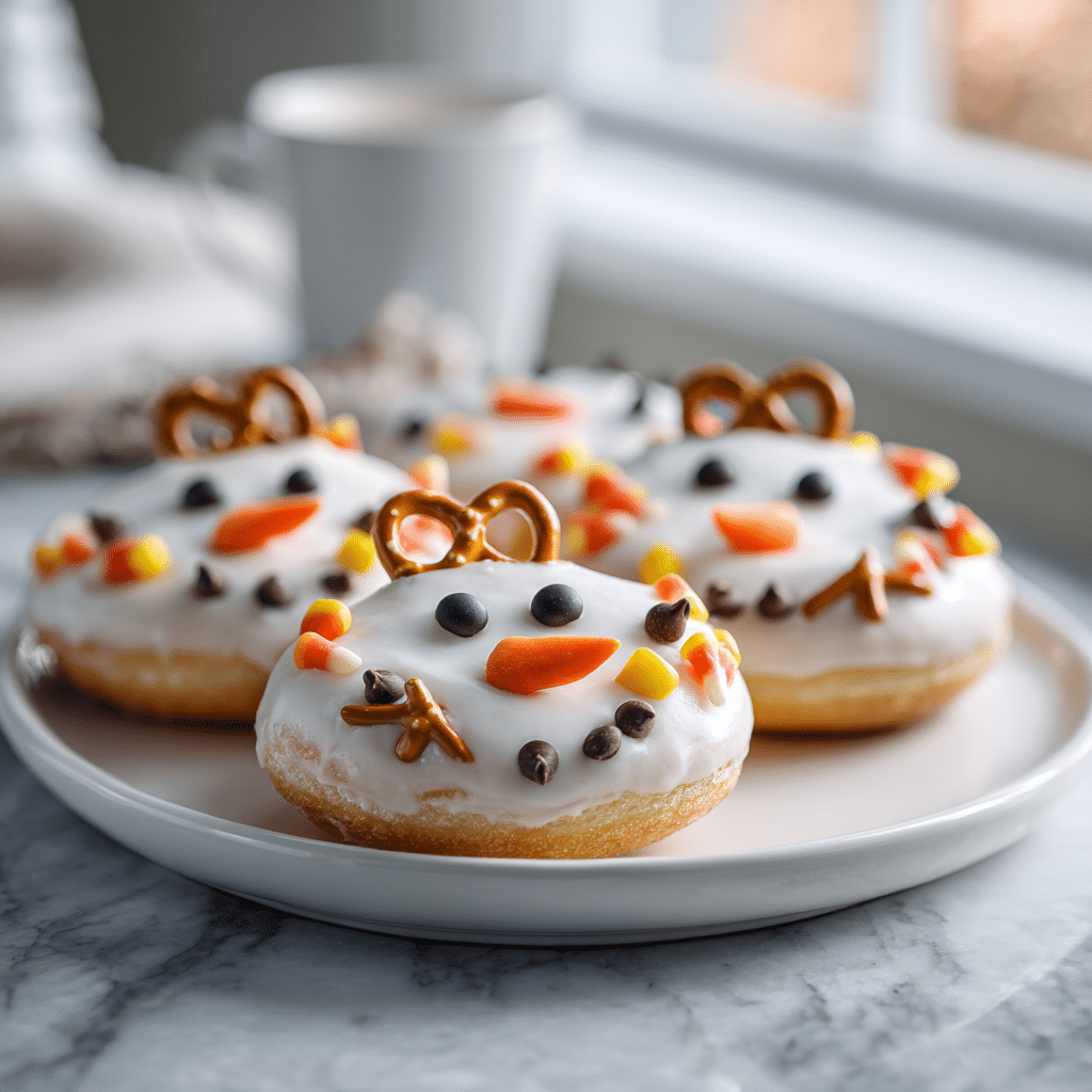 Plate of adorable snowman donuts decorated with frosting and candy