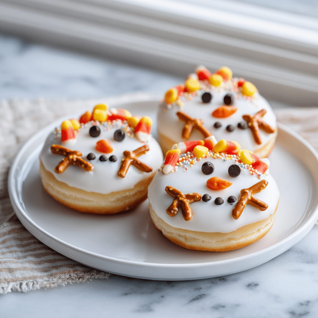 Plate of adorable snowman donuts decorated with frosting and candy