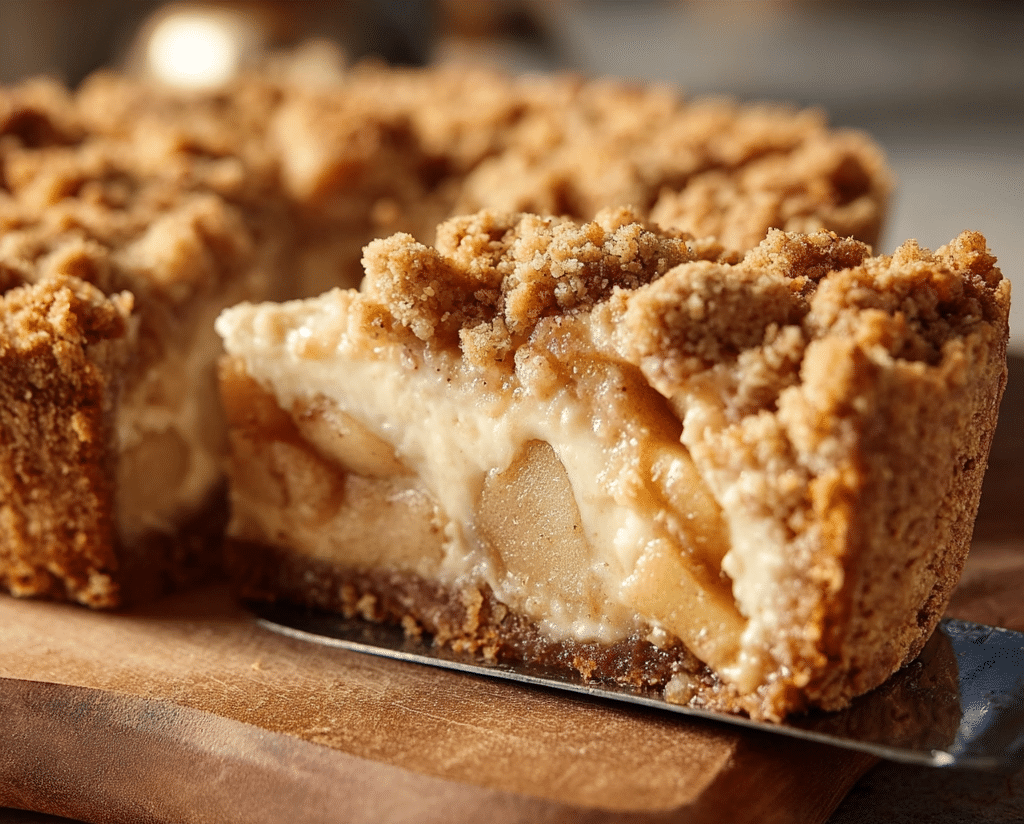 The Best Apple Crumble Cheesecake | Creamy & Crunchy Dessert 5 Slice of apple crumble cheesecake with a crumbly topping and apple filling