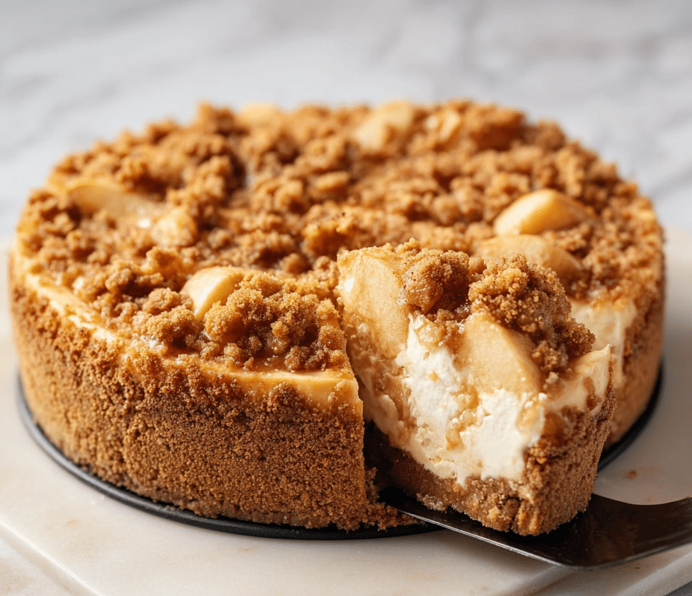 The Best Apple Crumble Cheesecake | Creamy & Crunchy Dessert 6 Sliced apple crumble cheesecake with a crumbly topping and apple filling