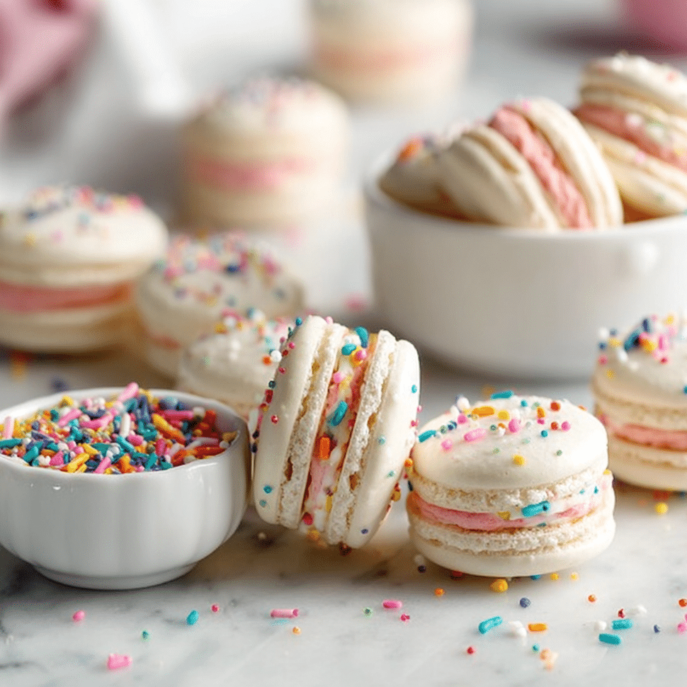 Easy Birthday Cake Macarons Recipe | Festive Party Dessert 6 Colorful birthday cake macarons displayed on a festive table setting.