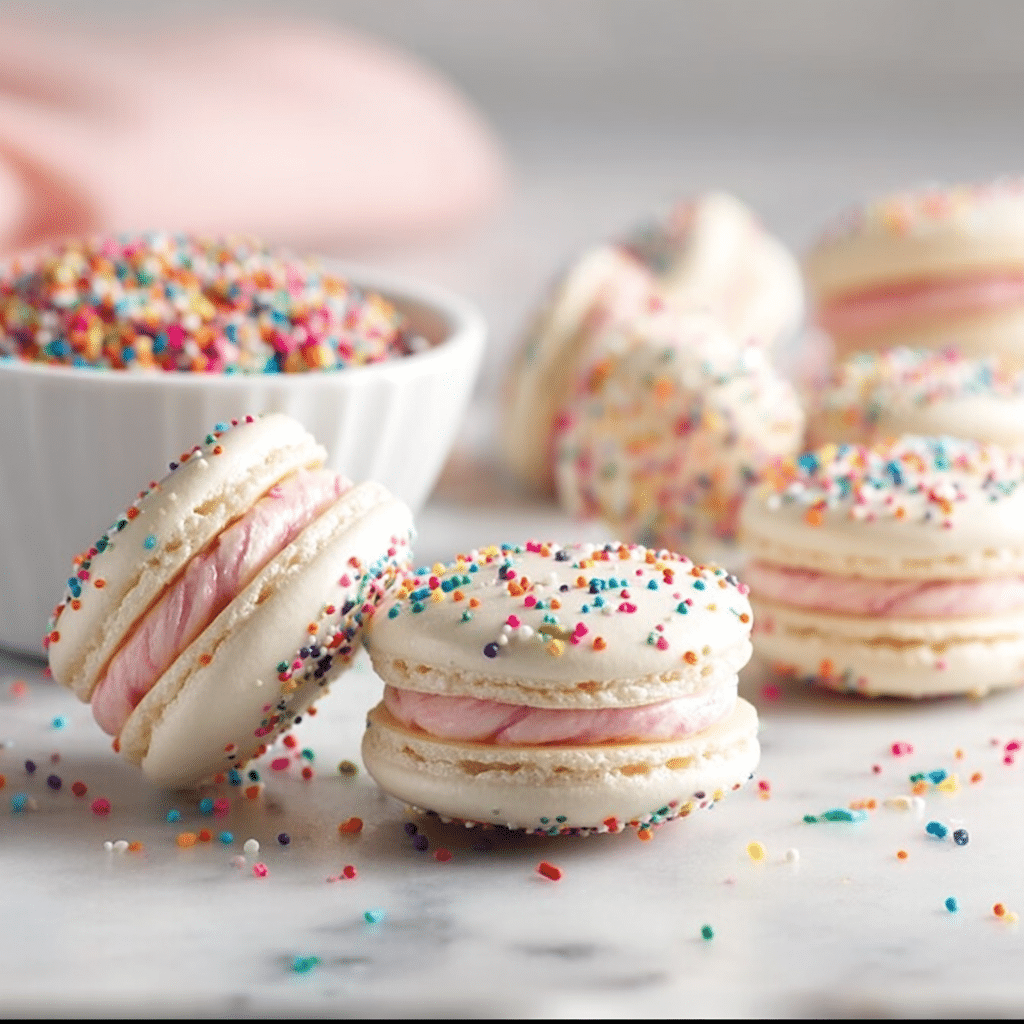 Easy Birthday Cake Macarons Recipe | Festive Party Dessert 5 Colorful birthday cake macarons displayed on a festive table setting.