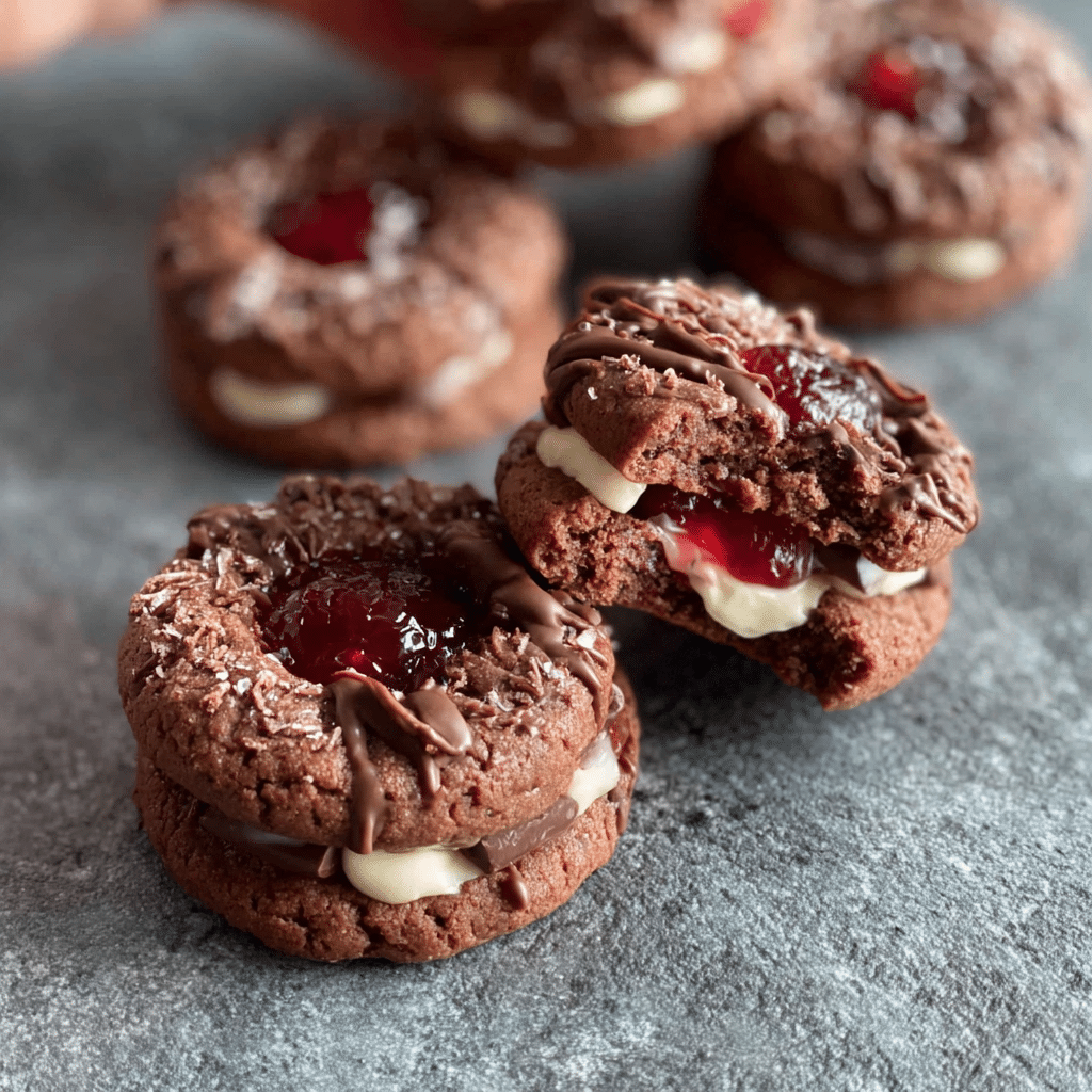Easy Black Forest Cookies Recipe | Chocolate, Cherry & Cream Delight 6 Delicious Black Forest Cookies with chocolate, cherries, and cream filling