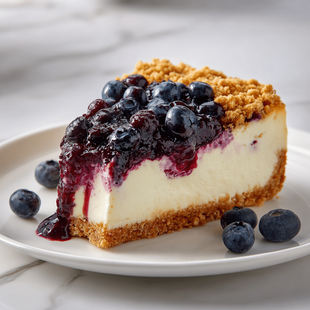 Blueberry Cheesecake with Crumble Topping – A Dessert Favorite 5 Slice of blueberry crumble cheesecake with a buttery crumble topping