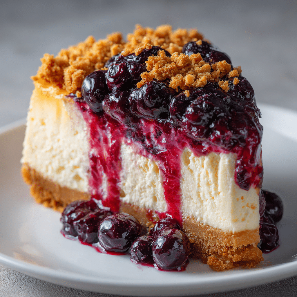 Blueberry Cheesecake with Crumble Topping – A Dessert Favorite 4 Slice of blueberry crumble cheesecake with a buttery crumble topping